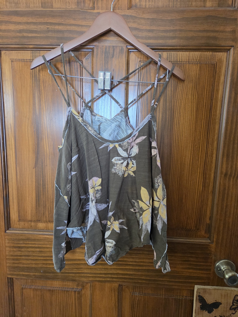 We The Free Olive Floral Strappy Cami with Yellow Accents